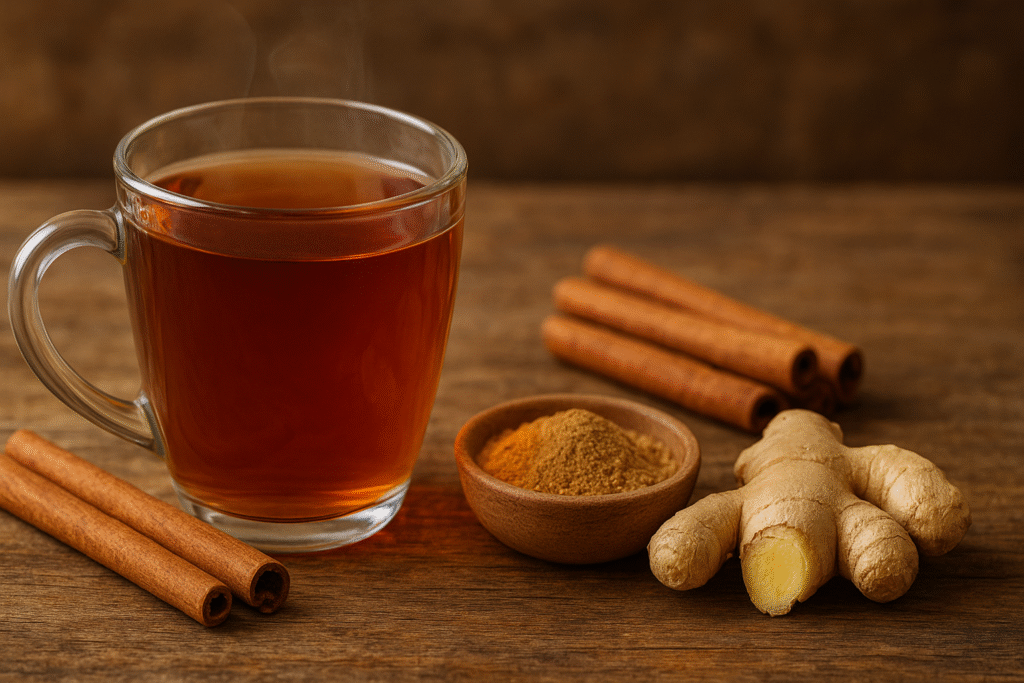 Sobre uma mesa de madeira uma xícara com chá ao lado de várias cascas de canela, uma raiz de gengibre e um pote de porcelana com gengibre ralado.
