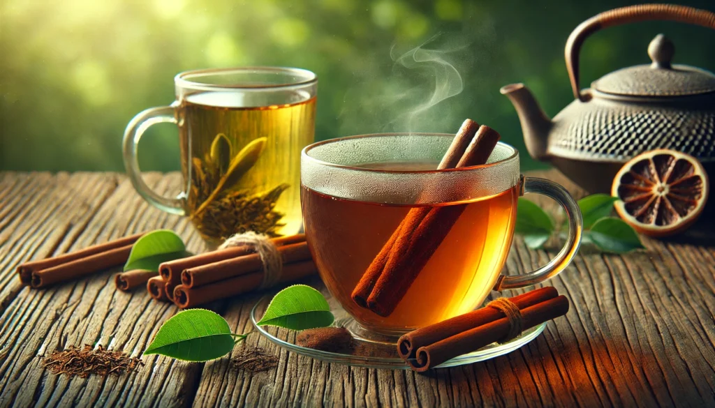 Em uma mesa de madeira uma xícara de vidro com chá e um pau de canela dentro, mais ao lado outra xícara de vidro com chá verde e espalhadas sobre a mesa canela em pau e folhas de chá verde que são usados para diabetes, ao fundo no canto um bule de ferro.