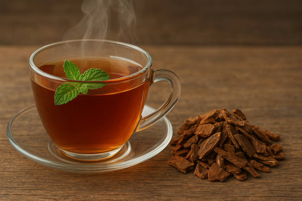 Sobre uma mesa de madeira uma xícara de vidro com chá fumegante e ao lado cascas de cáscara sagrada e em cima folhas de hortelã.