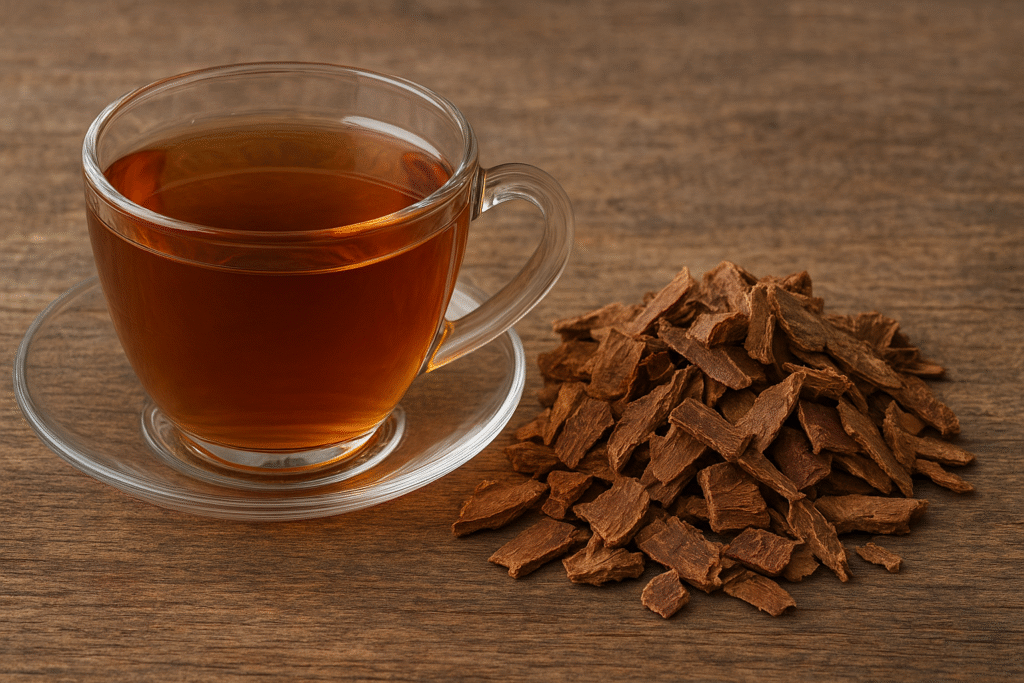 Sobre uma mesa de madeira uma xícara de vidro com chá e ao lado pedaços de cascas de cáscara sagrada.