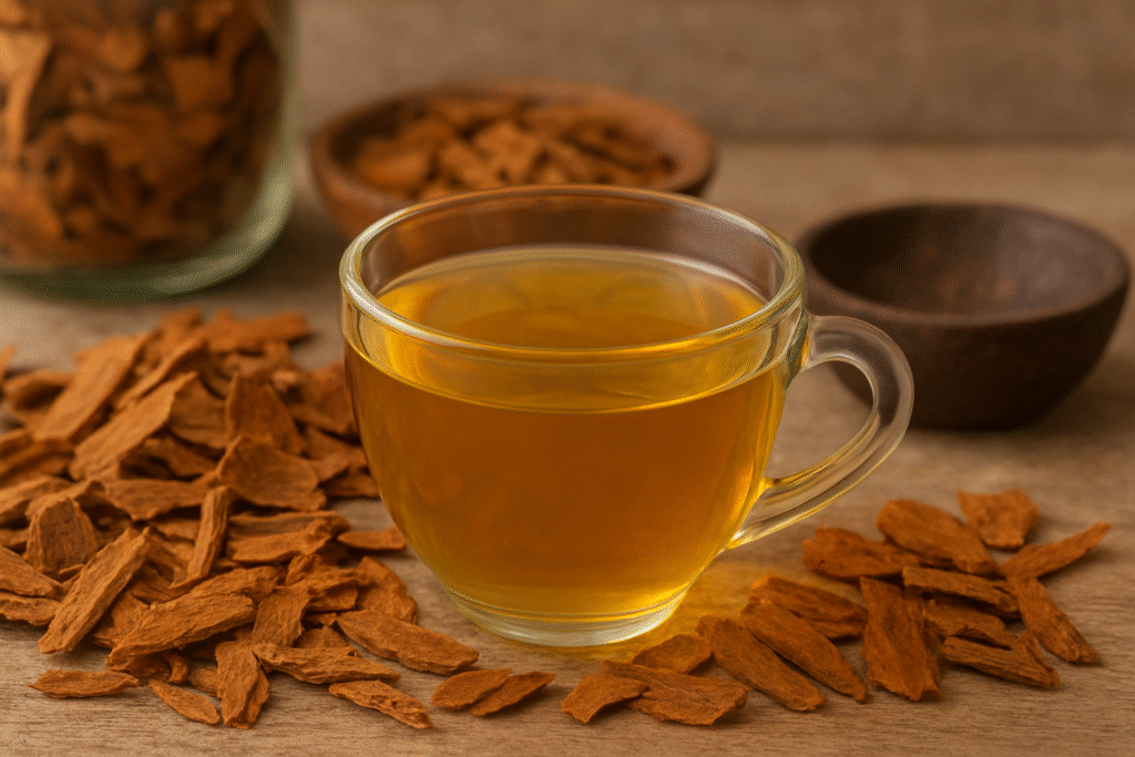 Sobre uma mesa de madeira uma xícara de vidro com chá ao lado várias cascas de uxi amarelo.