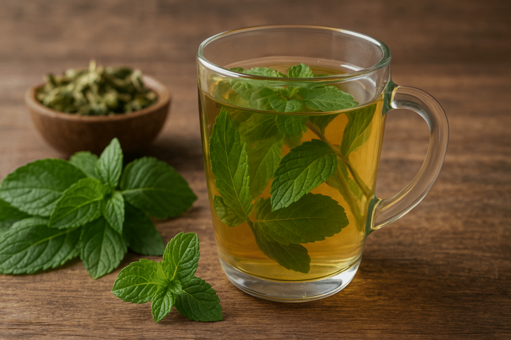 Sobre uma mesa de madeira uma xícara de vidro com chá ao lado de folhas verdes de hortelã e um pote de porcelana com folhas secas de embaúba.