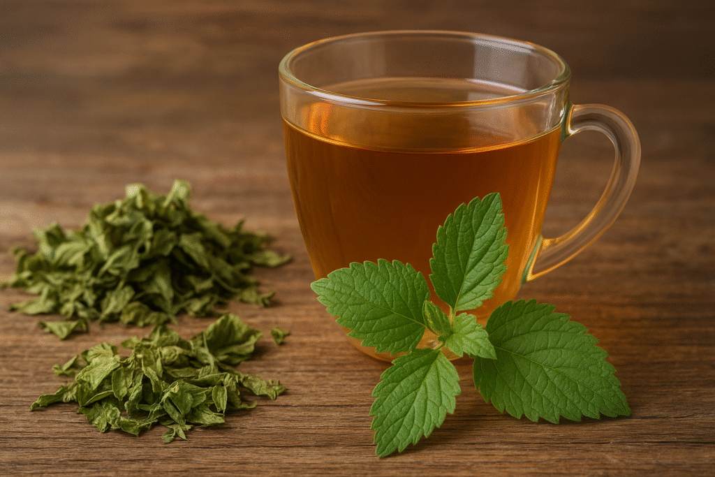 Sobre uma mesa de madeira uma xícara de vidro com chá e na frente algumas folhas verdes e ao lado algumas folhas secas de erva baleira.
