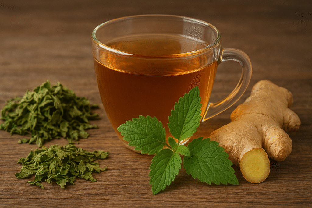 Sobre uma mesa de madeira um xícara de vidro com chá ao lado algumas folhas secas e a frente algumas folhas verdes de erva baleira e do outro lado um pedaço de gengibre.