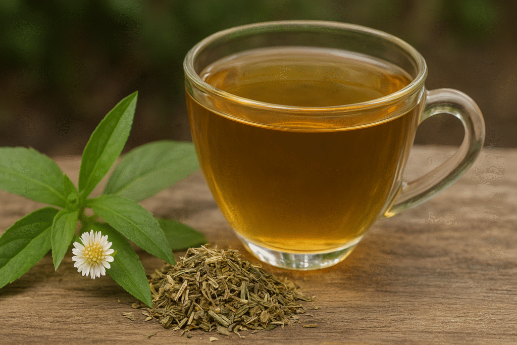 Sobre uma mesa de madeira uma xícara de vidro com chá, a frente algumas folhas secas e ao lado um ramo verde com uma flor branca de erva botão.