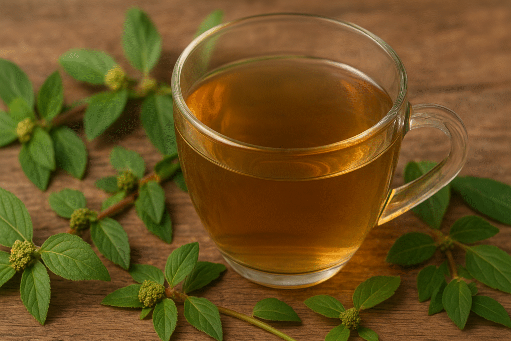 Sobre uma mesa de madeira uma xícara de vidro com chá e ao lado vários ramos de erva de santa luzia.