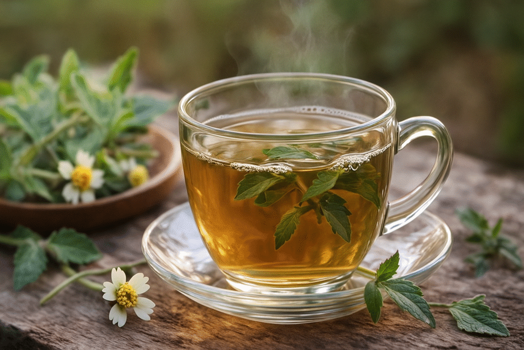 Sobre uma mesa de madeira uma xícara de vidro com chá e a lado vários ramos de erva de touro com folhas verdes e flores brancas.
