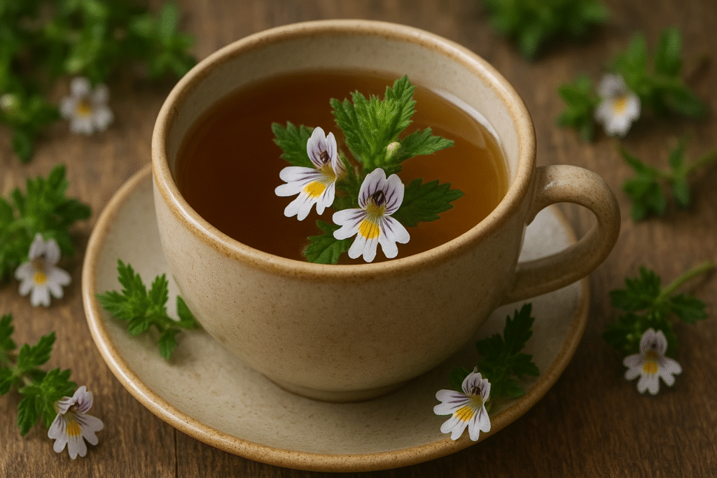 Sobre uma mesa de madeira uma xícara de porcelana com chá, ao lado várias flores de eufrásia.