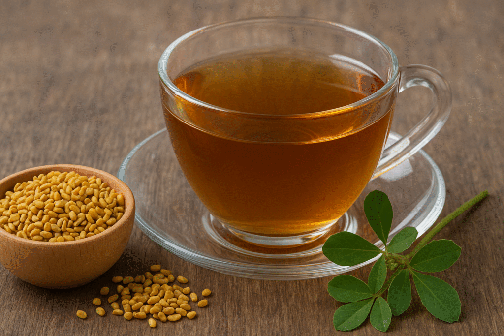 Sobre uma mesa uma xícara de vidro com chá e ao lado uma tigela de porcelana com sementes pequenas dentro e do outro lado uma floha de feno grego.