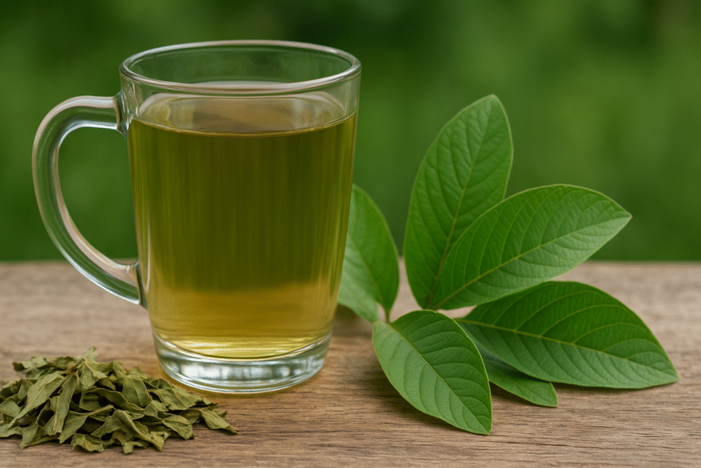 Sobre uma mesa de madeira uma xícara de vidro com chá ao lado de folha de goiabeira verdes e secas. 