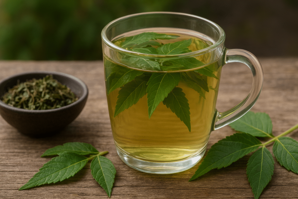 Sobre uma mesa de madeira uma xícara de vidro com chá e algumas folhas, ao lado algumas folhas verdes e um pote de porcelana com folhas do assa peixe secas.