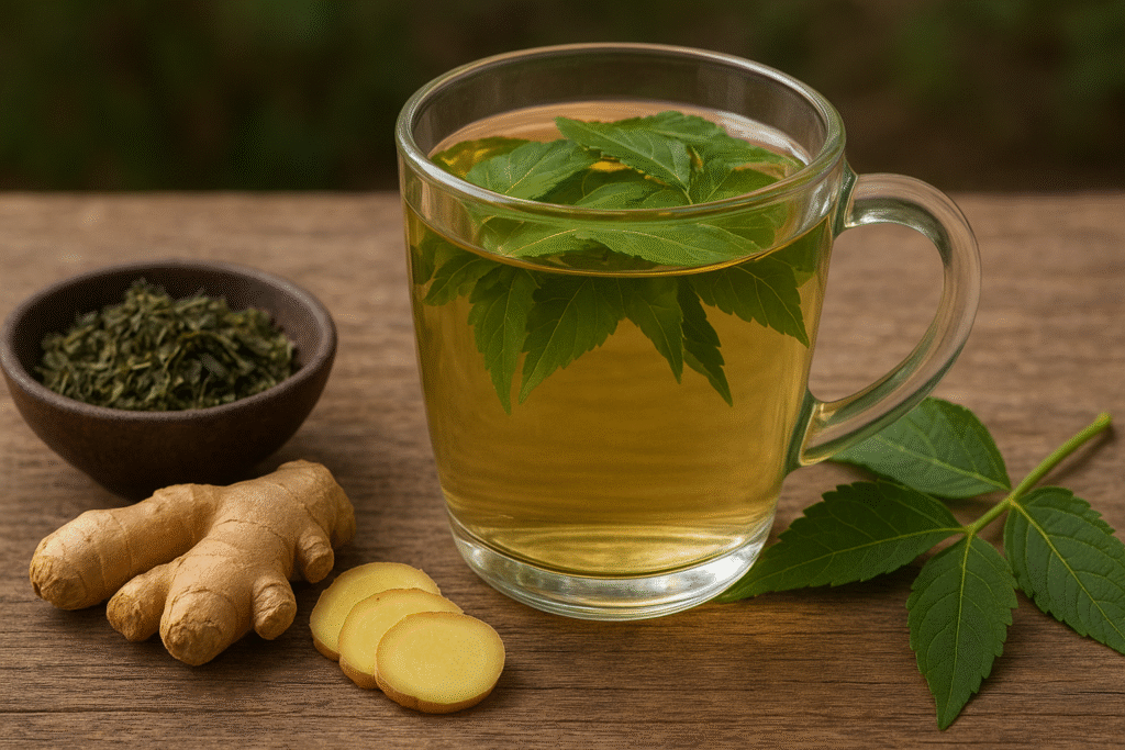 Sobre uma mesa de madeira uma xícara de vidro com chá e algumas folhas, ao lado algumas folhas verdes e um pote de porcelana com folhas do assa peixe secas e uma raiz de gengibre com algumas rodelas cortadas.
