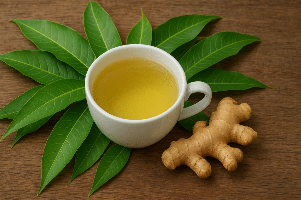 Sobre uma mesa de madeira uma xícara de porcelana com chá dentro e ao redor várias folha de manga e uma raiz de gengibre.