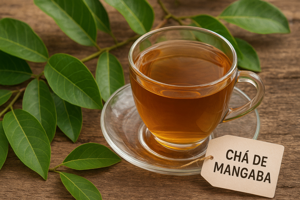 Sobre uma mesa de madeira uma xícara de vidro com chá ao lado de folhas verdes de mangaba.