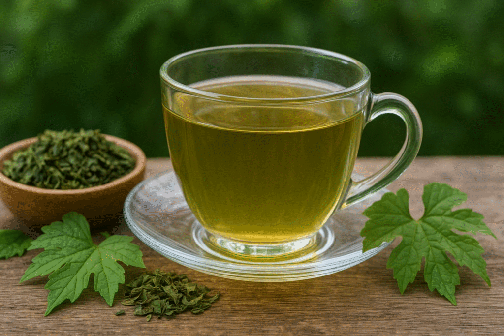 Sobre uma mesa de madeira uma xícara de vidro com chá, ao lado algumas folhas verdes e um pote de porcelana com folhas secas de melão de são caetano.