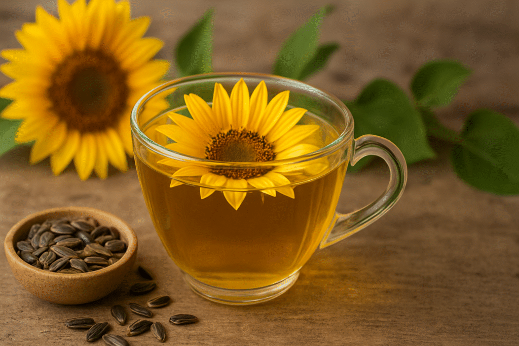 Sobre uma mesa uma xícara de vidro com chá e em cima uma flor de girassol, ao lado um pote de porcelana com sementes de girassol e ao fundo uma flor de girassol.