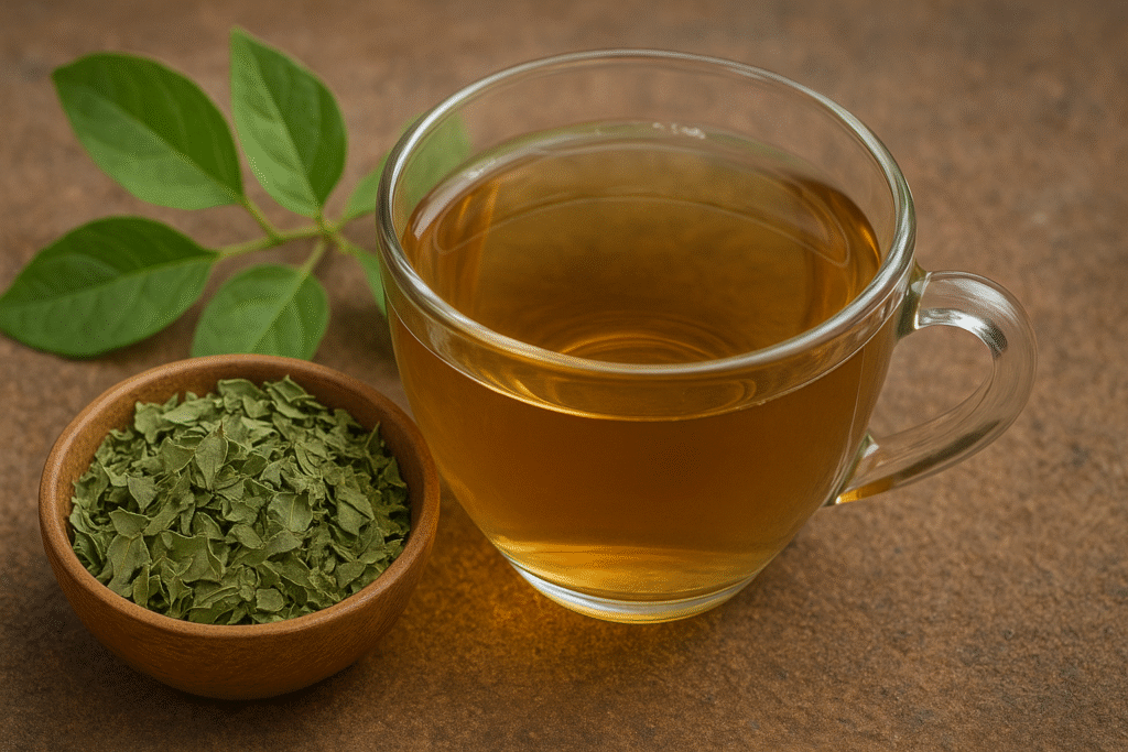 Sobre uma mesa de madeira uma xícara de vidro com chá e ao lado um pote de porcelana com folhas secas e moidas de Gymnema sylvestre e ao fundo folhas verdes.