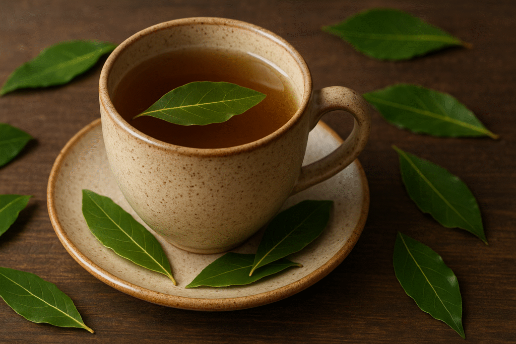 Sobre uma mesa de madeira uma xícara de porcelana com chá ao lado várias folhas de louro.