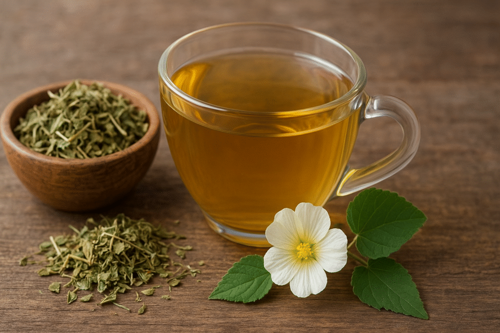 Sobre uma mesa de madeira uma xícara de vidro com chá, na sua frente um ramo de malva branca com folhas verdes e uma flor branca, ao lado um montinho de folhas secas e picadas e ao fundo um pote de porcelana com folhas secas e picadas. 