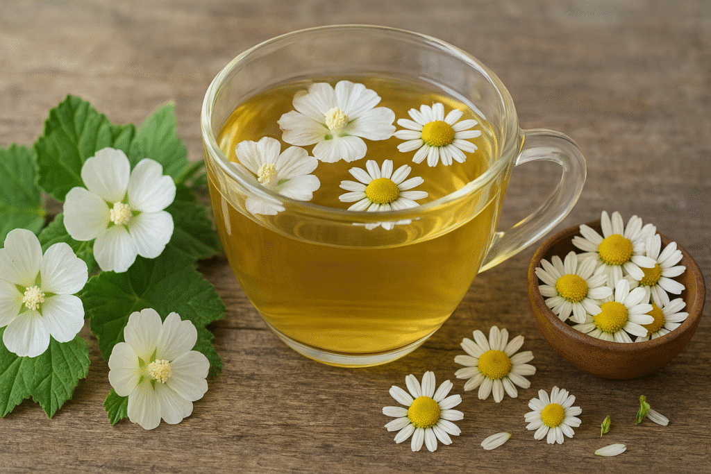 Sobre uma mesa de madeira uma xícara de vidro com chá dentro e duas flores de malva branca e duas flores de  camomila, de um lado um  ramo de malva branca com folhas verdes e flores brancas e do outro lado um pote de porcelana com flores de camomila e algumas flores de camomila espalhadas na frente.