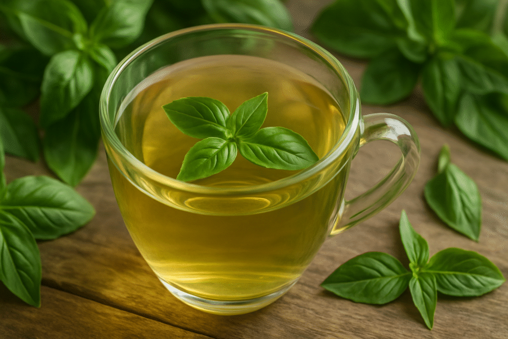 Sobre uma mesa de madeira uma xícara de vidro com chá, ao lado de várias folhas verdes de manjericão.
