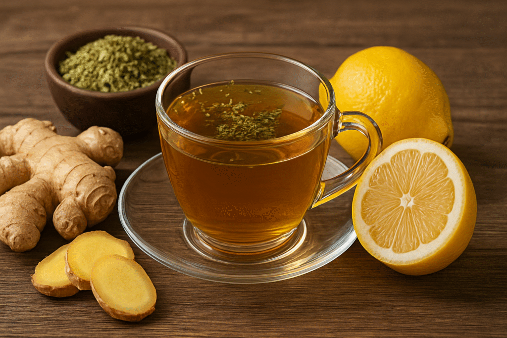 Sobre uma mesa de madeira uma xícara de vidro com chá ao lado um limão cortado e um inteiro, do outro lado um pedaço de gengibre cortado e ao fundo uma tigela de porcelana com erva mete moída.