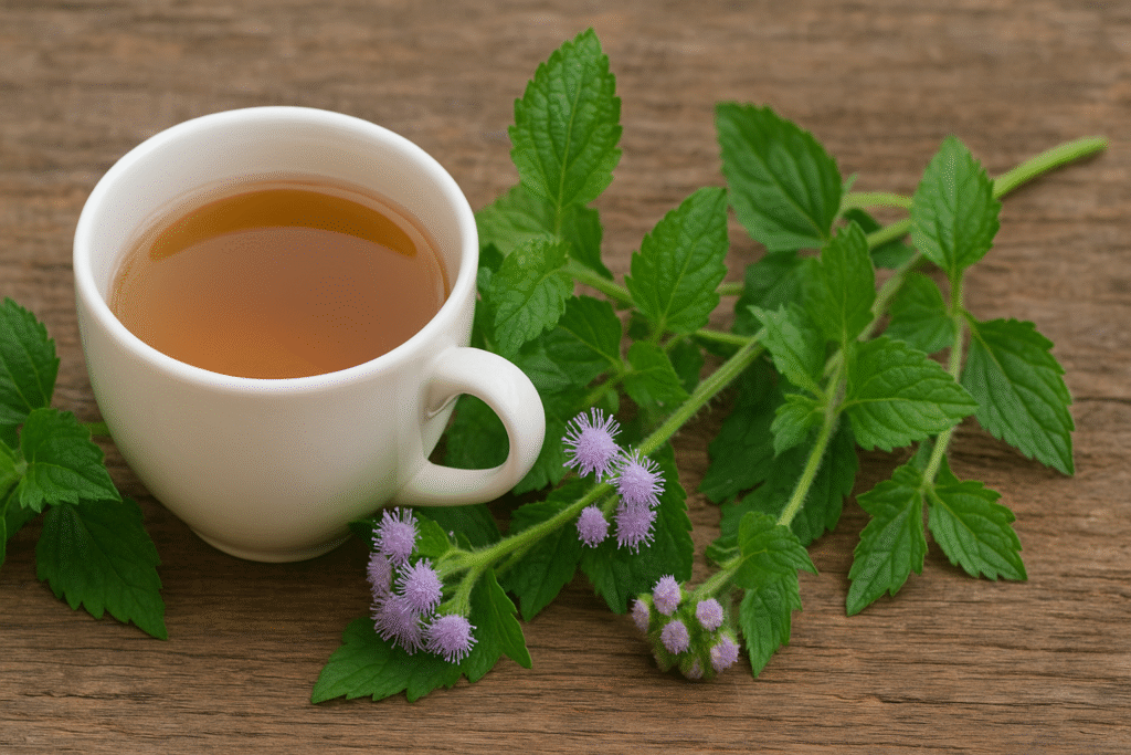 Sobre uma mesa de madeira uma xícara de porcelana com chá ao lado de ramos de mentrasto com folhas verdes e flores roxas.