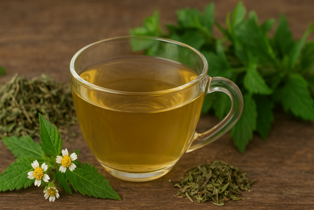 Sobre uma mesa de madeira uma xícara de vidro com chá e ao lado folhas secas e folhas verdes com flores de picão branco.