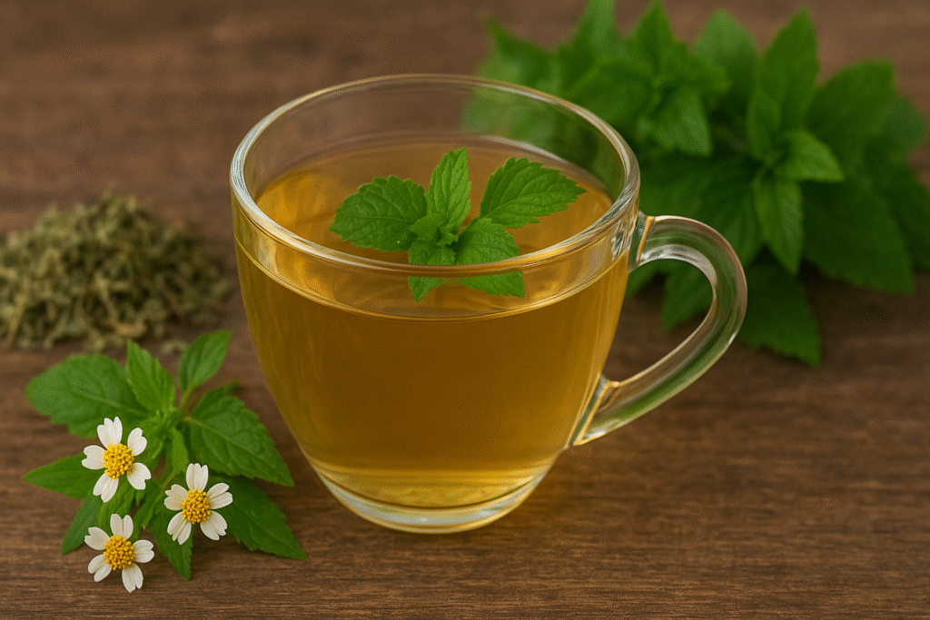 Sobre uma mesa de madeira uma xícara de vidro com chá e por cima umas folhas de hortelã, de um lado folhas secas e verdes com flores de picão branco e do outro lado folhas de hortelã.