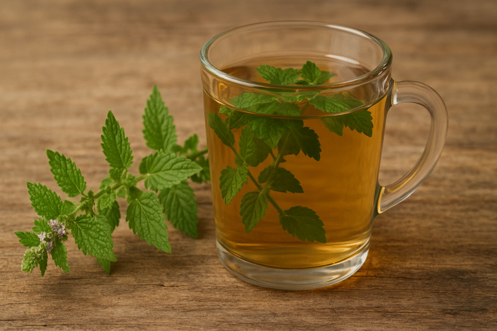 Sobre uma mesa de madeira uma xícara de vidro com chá dentro e um ramo de poejo, ao lado outro ramo de poejo com folhas verdes.