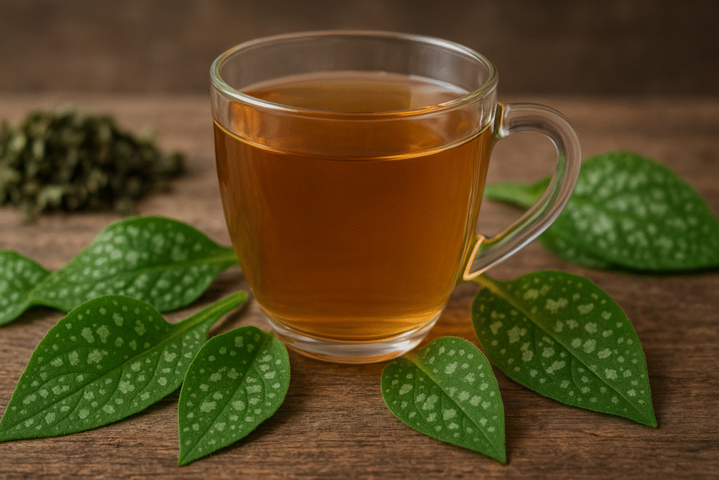 Sobre uma mesa de madeira ma xícara de vidro com chá e ao lado várias folhas verdes e secas de pulmonária.