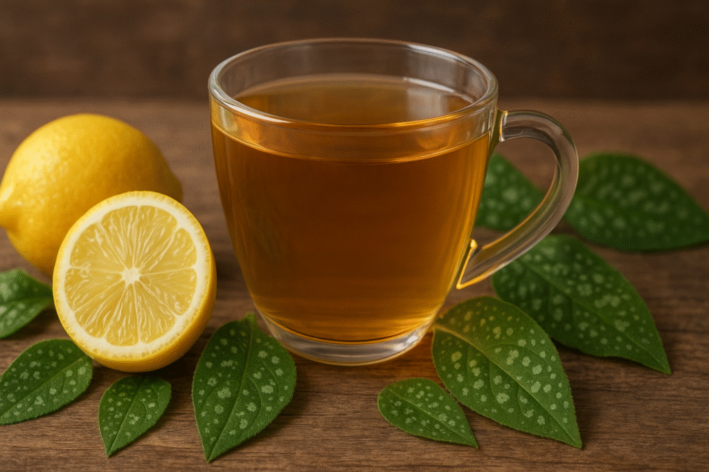 Sobre uma mesa de madeira uma xícara de vidro com chá e ao lado várias folhas verdes de pulmonária e um limão inteiro e uma metade de limão.