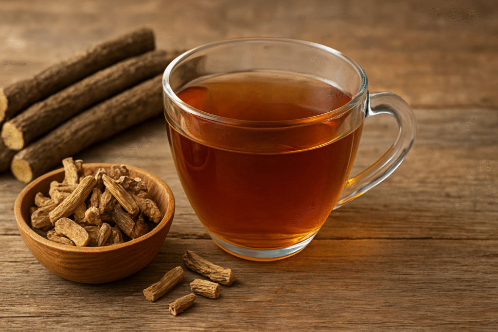 Sobre uma mesa de madeira uma xícara de vidro com chá e ao lado um pote de porcelana com pequenos pedaços de raízes de alcaçuz e ao fundo algumas raízes maiores.