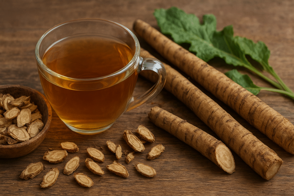 Sobre uma mesa de madeira uma xícara de vidro com chá ao lado um pote de porcelana cheia de pequenos pedaços em rodelas de raiz de bardana e algumas rodelas espalhadas pela frente e algumas raizes inteiras ao lado de folhas verdes de bardana.