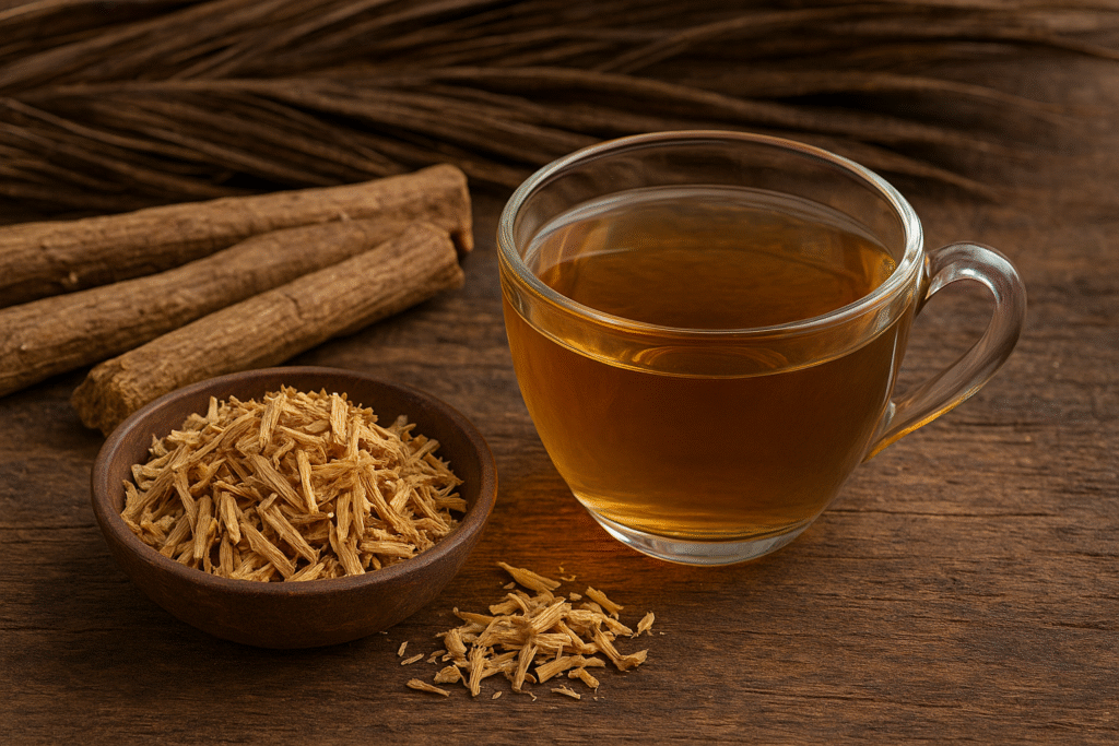 Sobre uma mesa de madeira uma xícara de vidro com chá e ao lado um pote de porcelana com cascas de carnaúba picadas ao lado de raízes inteiras.