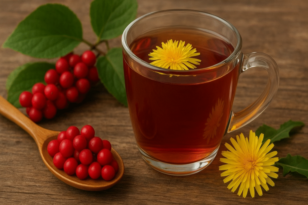 Em uma mesa de madeira uma xícara de vidro com chá e uma flor de dente de leão dentro, ao lado uma flor amarela e folhas verdes de dente de leão, do outro lado uma colher de madeira com frutos redondos de schisandra chinensis e ao fundo uma baga de schisandra chinensis com frutos vermelhos e alguma folhas verdes.