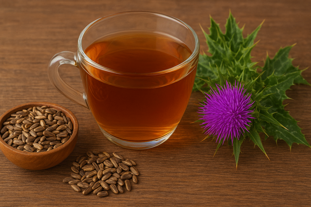 Sobre uma mesa de madeira uma xícara de vidro com chá ao lado um pote de porcelana cheio de semntes e algumas sementes espalalhadas ao lado uma flor roxa de cardo mariano.