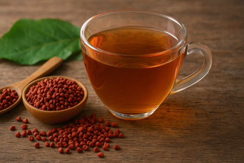 Sobre uma mesa de madeira uma xícara de vidro com chá ao lado de um pote de porcelana e uma colher de madeira cheias de sementes vermelhas de urucum, ao fundo uma folha verde de urucum.