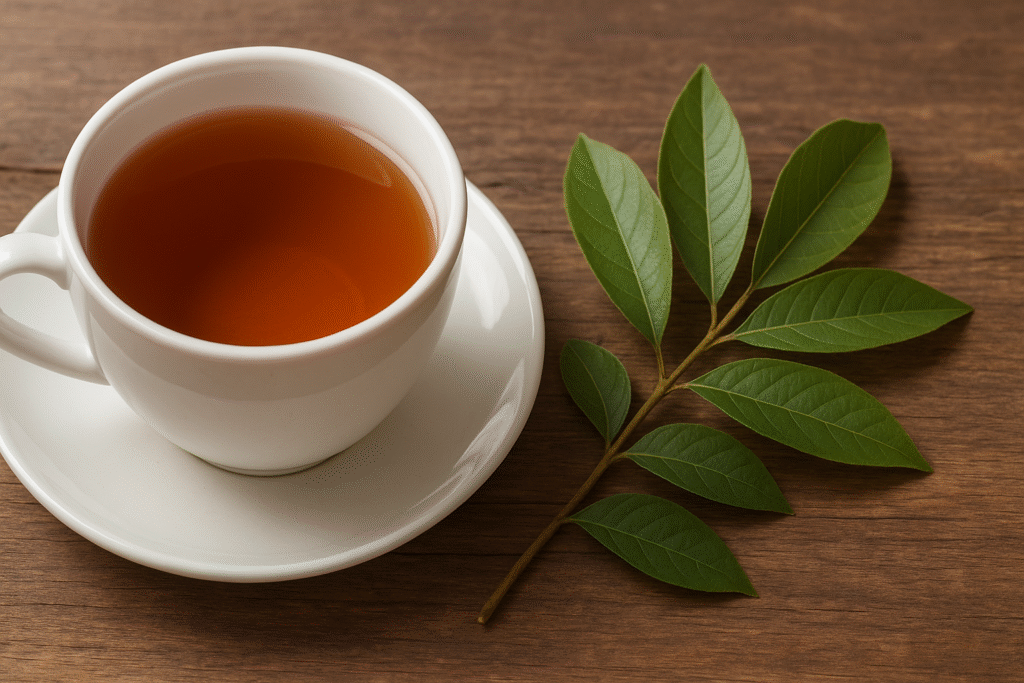 Sobre uma mesa de madeira uma xícara de porcelana com chá ao lado de folhas verdes de sete capote.