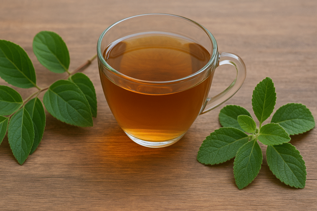 Sobre uma mesa de madeira uma xícara de vidro com chá e de um lado folhas verdes de sete capote e do outro lado folhas verdes de boldo.