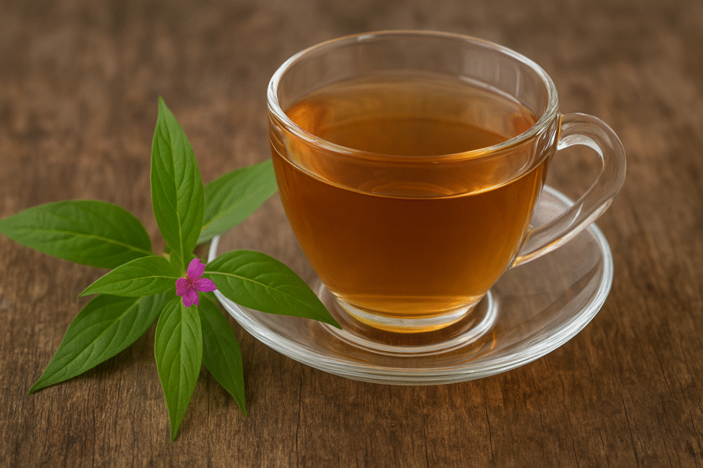 Sobre uma mesa de madeira uma xícara de vidro com chá ao lado um ramo com folhas verdes com uma pequena flor roxa de sete sangria.