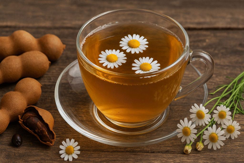 Em uma mesa de madeira uma xícara de vidro com chá com algumas flores de camomila em cima e do lado e do outro lado vagens de tamarindo.