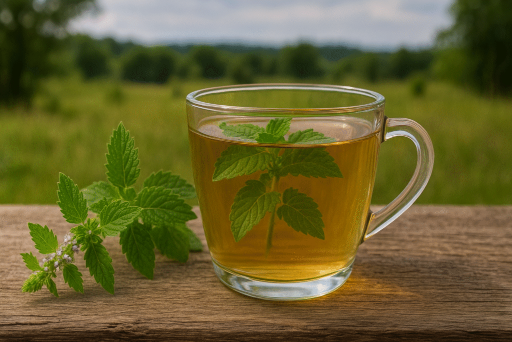 Sobre uma mesa de madeira uma xícara de vidro com chá dentro e um ramo de poejo, ao lado outro ramo de poejo com folhas verdes, ao fundo uma paisagem de natureza.