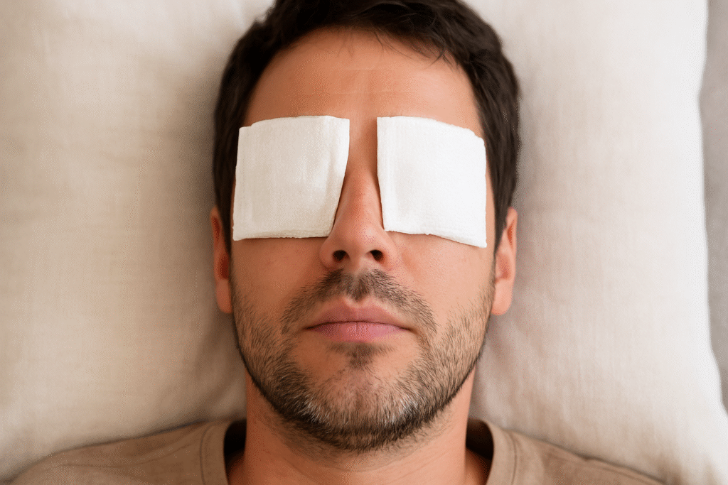 Um homem deitado e sobre os olhos compressa de eufrásia.