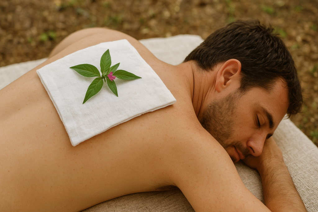 Um homem deitado e nas costas um pano com compressa relaxante de sete sangrias.
