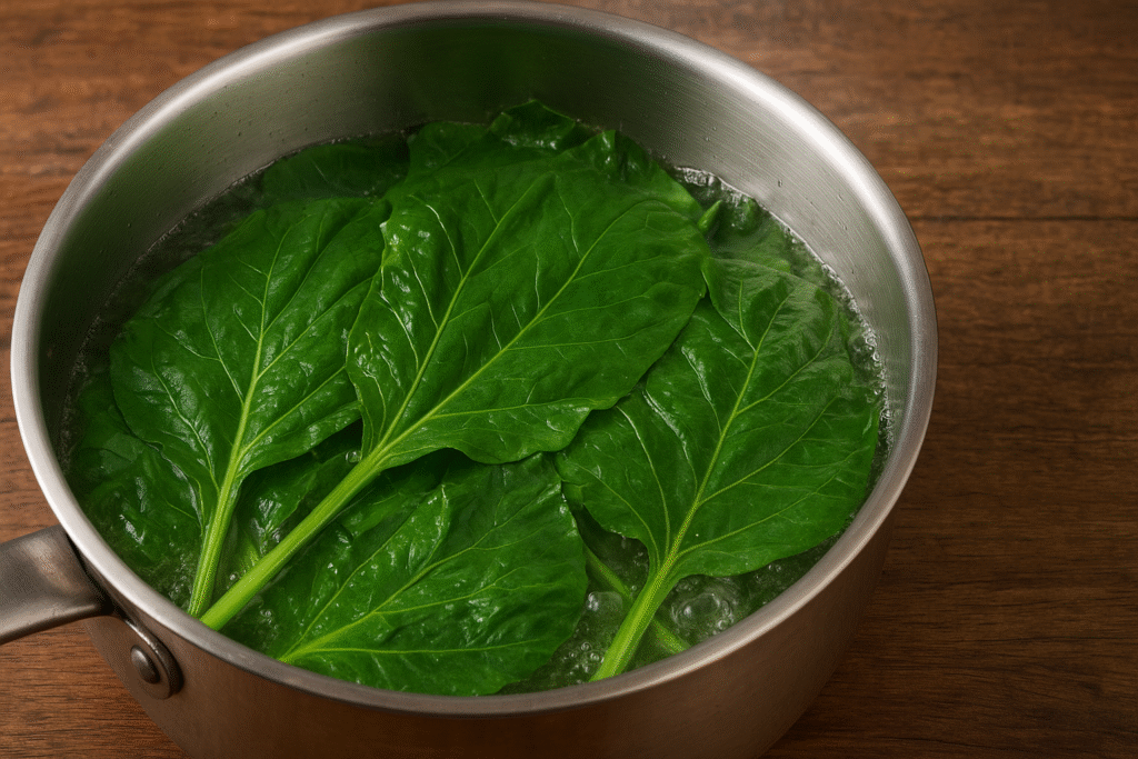 Em uma panela de aluminio, folhas de taioba sendo cozidas.