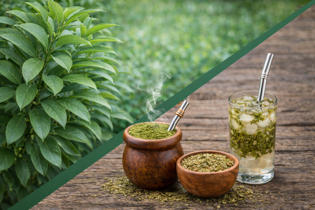 Imagem dividida na diagonal onde na parte superior esquerda está uma árvore de erva mate com suas folhas verdes. Na parte inferior direita está a erva-mate e seus benefícios em forma de chimarrão em uma cuia e em forma de tereré em um copo de vidro gelado, ao lado de um pote de madeira com erva mate moída.