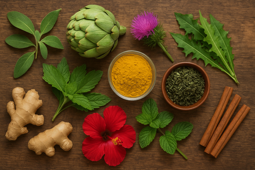 Sobre uma mesa de madeira dois pedaços de gengibre, uma flor de híbisco, um ramo verde de hortelã, trêes pedaços de canela em páu, um pote de porcelana com chá verde seco, um pote com pó de cúrcuma, uns ramos verdes de boldo, uma flor de alcachofra, uma flor de cardo mariano e umas folhas verdes de dente de leão, ingredientes para  receitas de tratamento contra gordura no fígado.