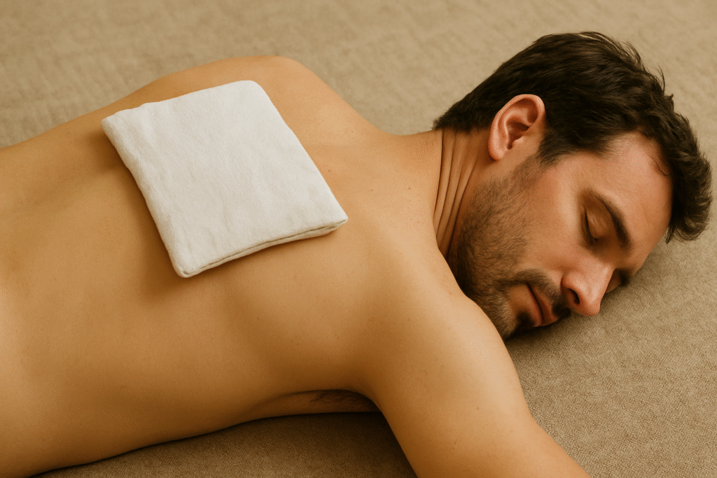 Um homem deitado e em suas costas um pano de compressa de folha de manga.