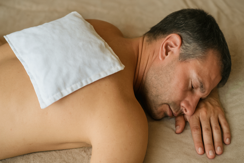 Homem deitado e em suas costas um pano com compressa de folha de goiabeira como relaxante muscular.